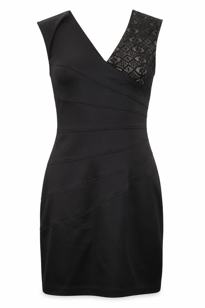 Front view of Maggy London women’s black argyle/diamond polyester a-line, size UK 12, v-neck zip
