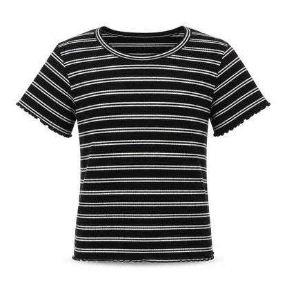Front view of Primark girls’ black round neck striped polyester jumper, size 9-10, years
