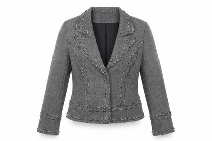 Front view of Simon Jeffrey women’s grey houndstooth jacket blazer, size UK 14, snap