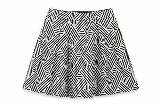 Front view of Dunnes girls’ gold geometric polyester a-line skirt, size 7, years regular zip