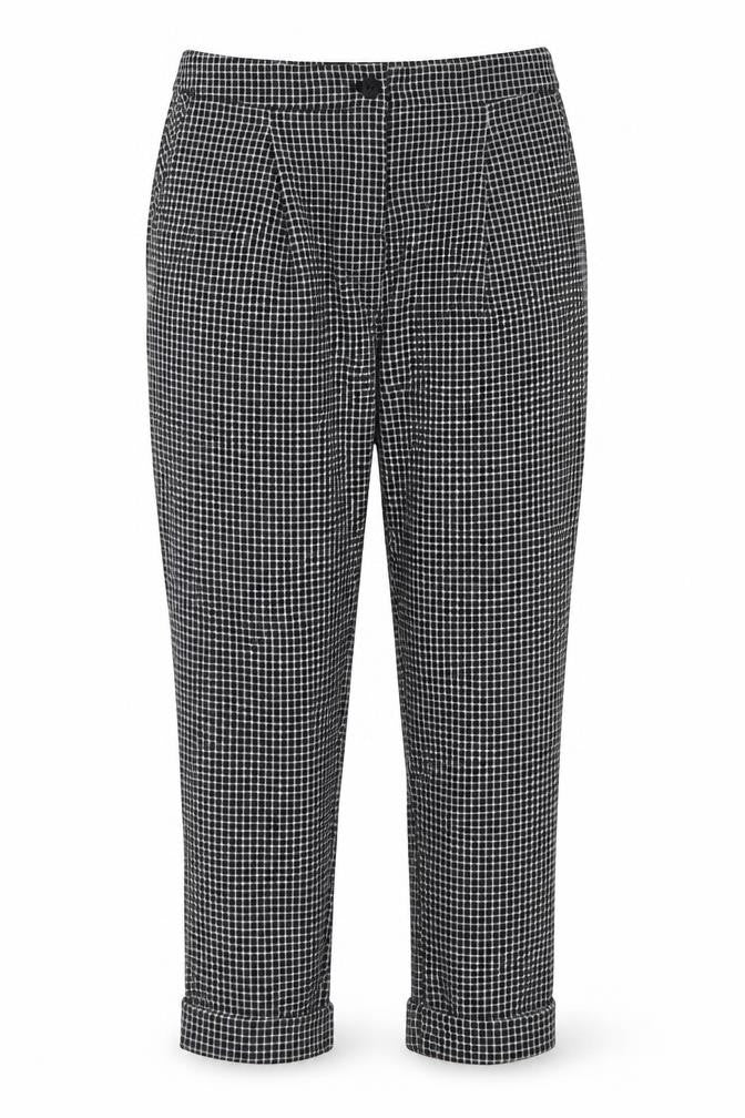 Front view of Next women’s black check polyacrylate fibre trousers, size UK 8, 26-inch leg regular button
