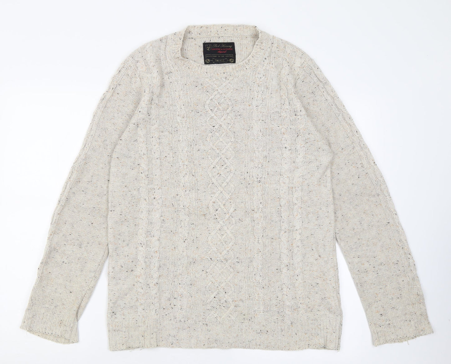 Red Herring Mens Beige Crew Neck Geometric Acrylic Pullover Jumper Size S