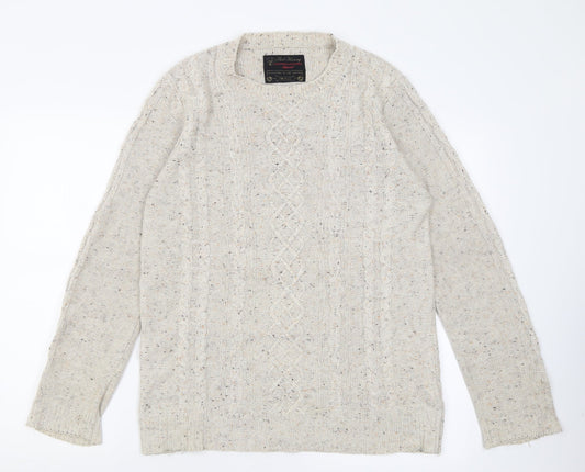 Red Herring Mens Beige Crew Neck Geometric Acrylic Pullover Jumper Size S