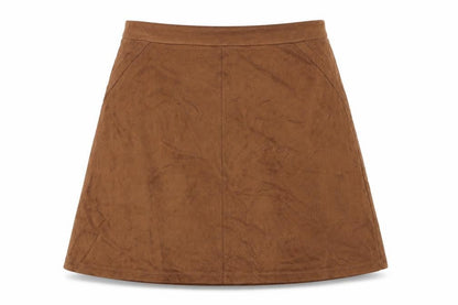 Front view of Yns Tekstil women’s brown polyester a-line skirt, size UK 32, in zip