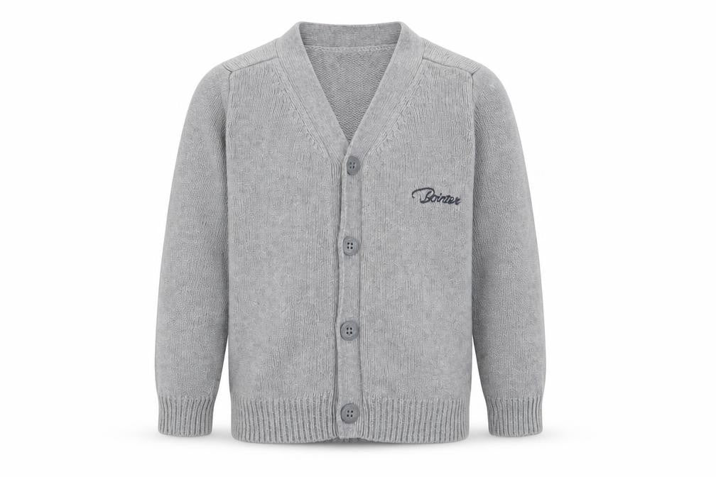 Front view of Pointer boys’ grey v-neck polyester cardigan jumper, size 2, years button