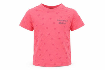 Front view of Primark boys’ pink polyester jersey t-shirt, size 2-3, years round neck pullover - palm trees