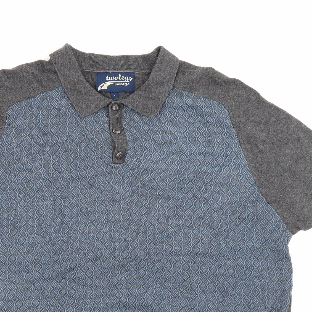 Twolegs Mens Blue  Cotton  Polo Size L Collared Button