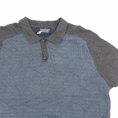 Twolegs Mens Blue  Cotton  Polo Size L Collared Button