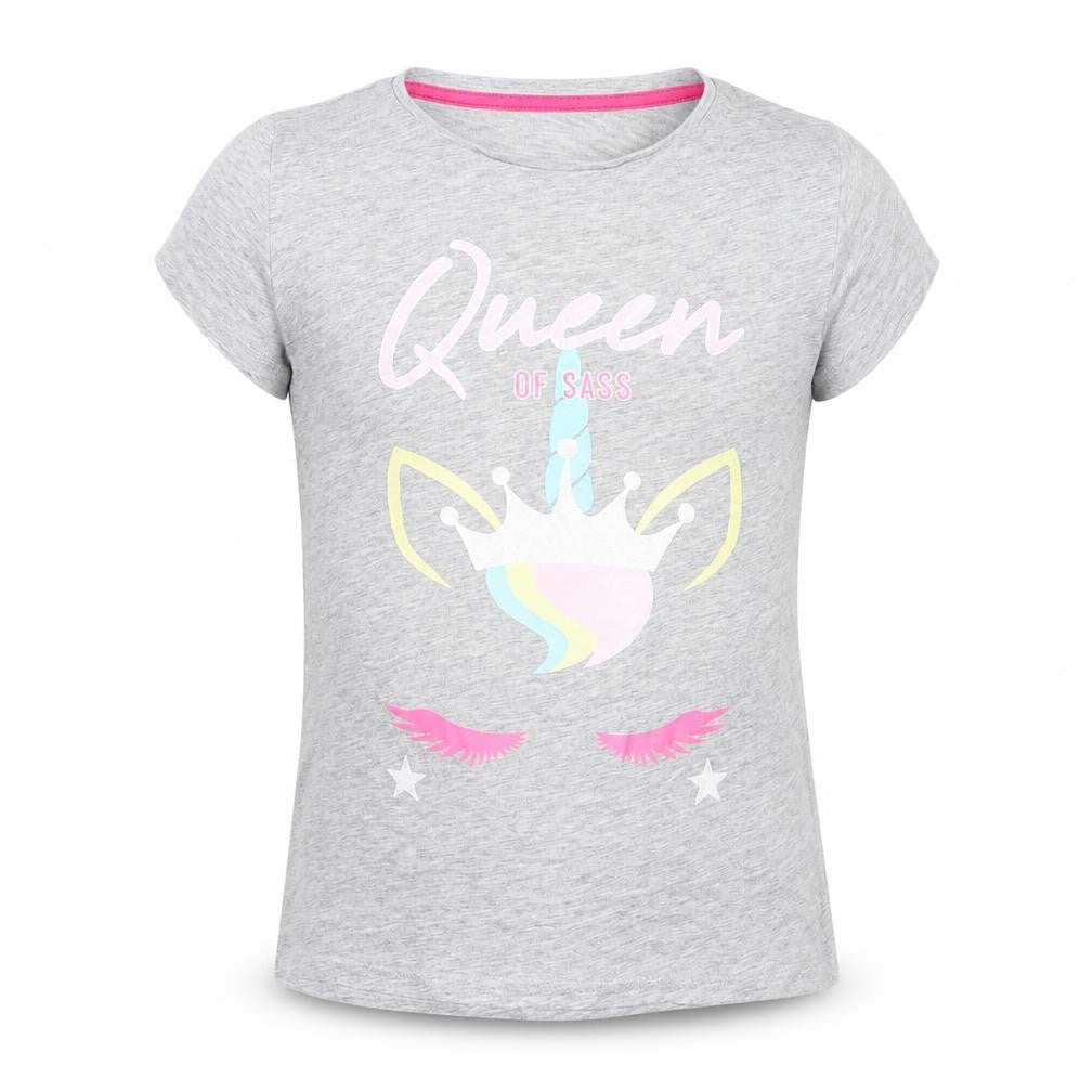 Front view of Pep&Co girls’ grey cotton pullover t-shirt, size 10-11, years crew neck pullover - queen of sass
