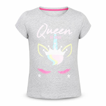 Front view of Pep&Co girls’ grey cotton pullover t-shirt, size 10-11, years crew neck pullover - queen of sass