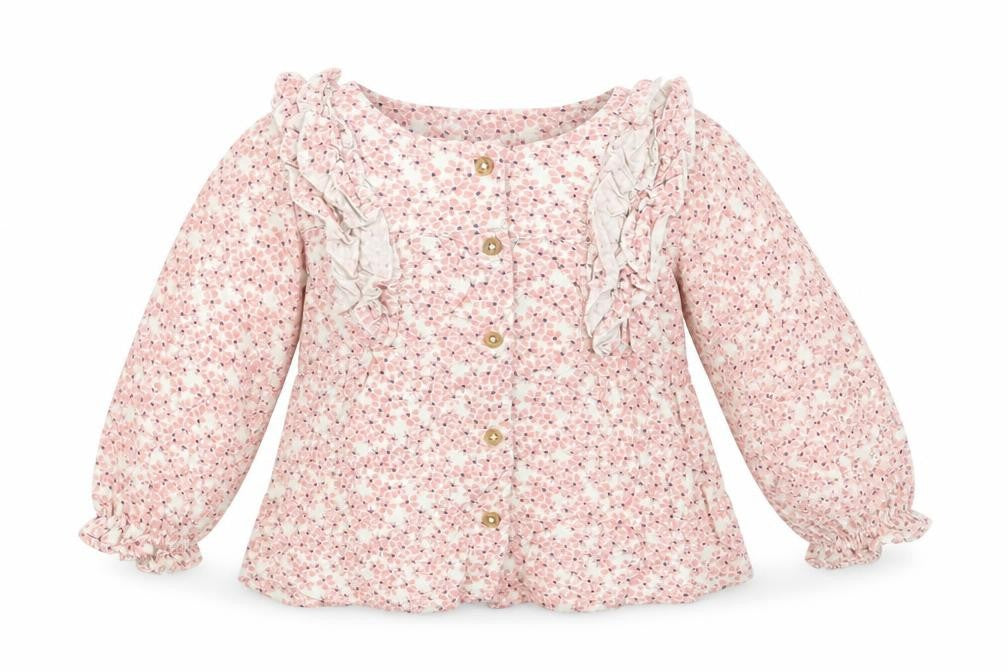 Front view of Marks Baby Pink Floral Viscose Basic Button-Up, size 18-24, Months Round Neck Button