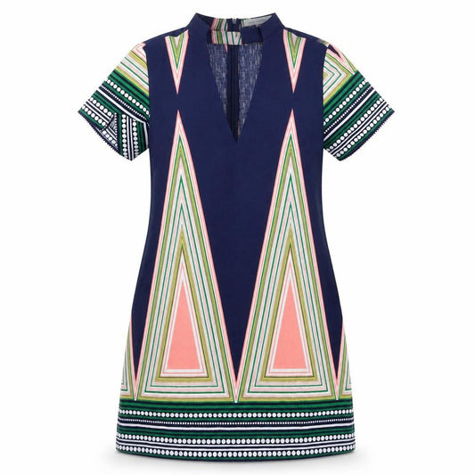 Front view of Love & Other Things women’s multicoloured geometric polyester shift, size M, v-neck zip