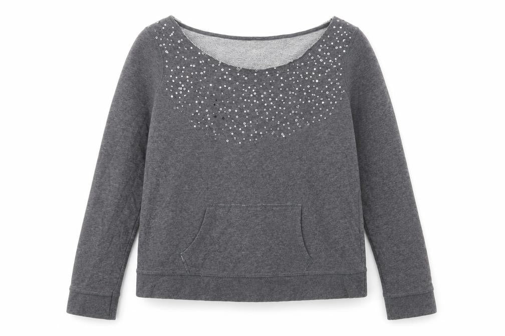 Front view of Woolworths women’s grey 100% cotton pullover sweatshirt, size M, pullover