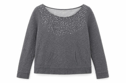 Front view of Woolworths women’s grey 100% cotton pullover sweatshirt, size M, pullover