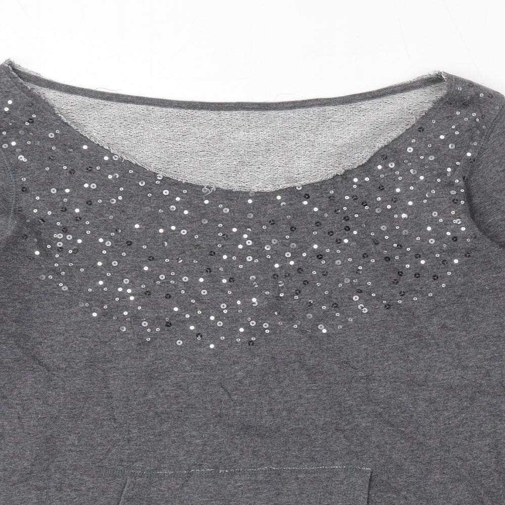 Close-up detail of Woolworths women’s grey 100% cotton pullover sweatshirt, size M, pullover