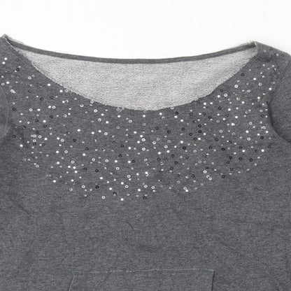 Close-up detail of Woolworths women’s grey 100% cotton pullover sweatshirt, size M, pullover
