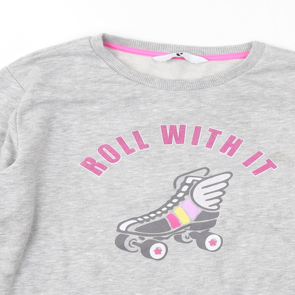 Close-up detail of Very girls’ grey polyester pullover sweatshirt, size 12, years