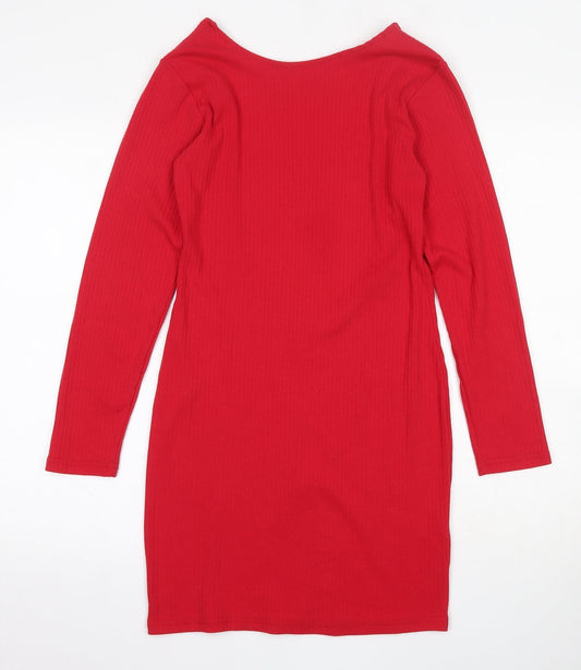 Missguided Womens Red  Cotton Skater Dress  Size 10  Round Neck Zip