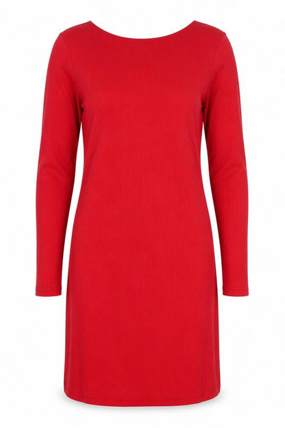 Front view of Missguided women’s red cotton skater dress, size UK 10, round neck zip