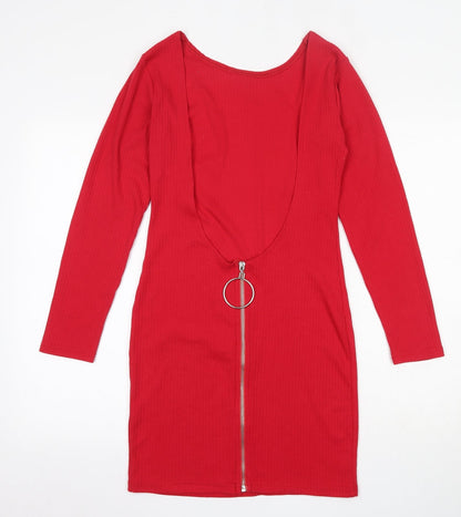 Missguided Womens Red  Cotton Skater Dress  Size 10  Round Neck Zip