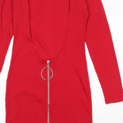 Missguided Womens Red  Cotton Skater Dress  Size 10  Round Neck Zip