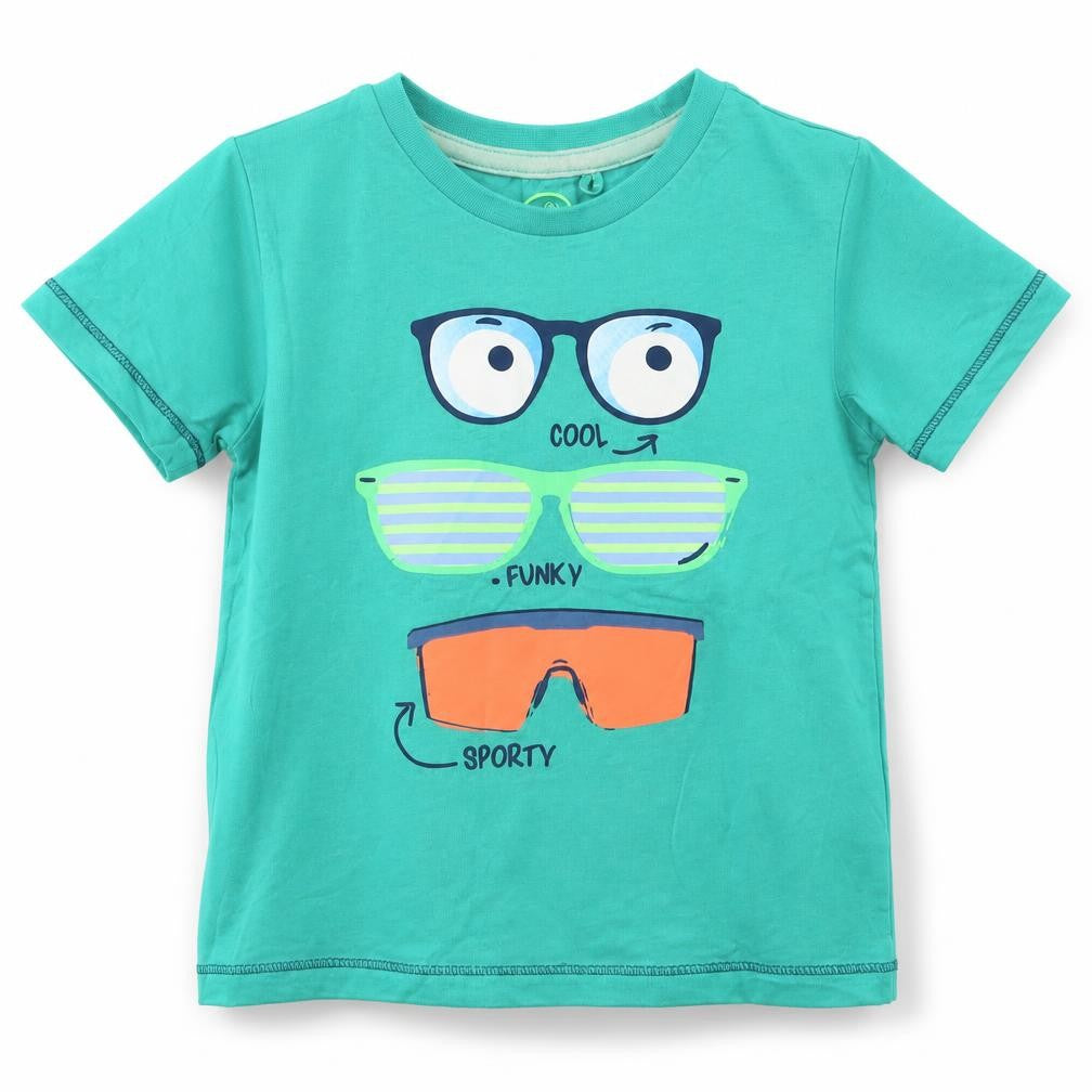 Front view of Cool Club boys’ green cotton basic t-shirt, size 2, years crew neck pullover - cool glasses