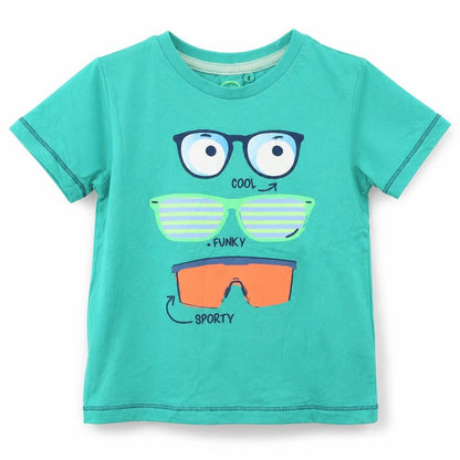 Front view of Cool Club boys’ green cotton basic t-shirt, size 2, years crew neck pullover - cool glasses