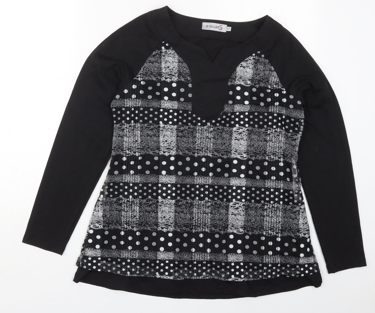 Additional front view of Squises women’s black polka dot cotton basic t-shirt, size UK 12, v-neck