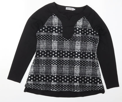 Additional front view of Squises women’s black polka dot cotton basic t-shirt, size UK 12, v-neck