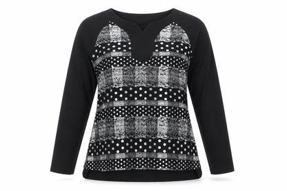 Front view of Squises women’s black polka dot cotton basic t-shirt, size UK 12, v-neck