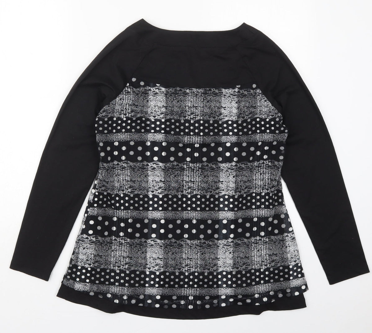 Back view of Squises women’s black polka dot cotton basic t-shirt, size UK 12, v-neck