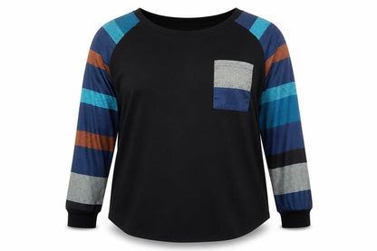 Front view of women’s black striped cotton pullover sweatshirt, size 2XL, pullover - blue