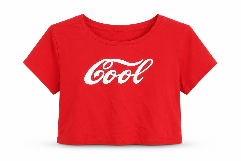 Front view of Morango women’s red 100% cotton cropped t-shirt, size S, round neck - cool