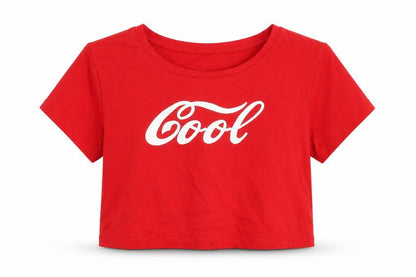 Front view of Morango women’s red 100% cotton cropped t-shirt, size S, round neck - cool