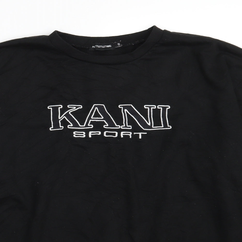 Close-up detail of PRETTYLITTLETHING women’s black polyester pullover sweatshirt, size S, - kani sport