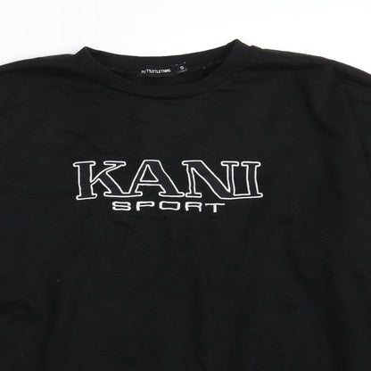 Close-up detail of PRETTYLITTLETHING women’s black polyester pullover sweatshirt, size S, - kani sport