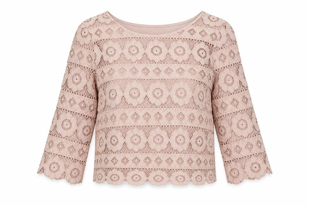 Front view of New Look women’s pink floral nylon cropped t-shirt, size UK 8, crew neck
