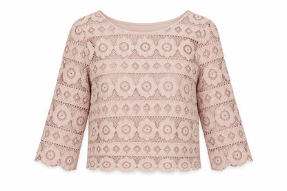 Front view of New Look women’s pink floral nylon cropped t-shirt, size UK 8, crew neck
