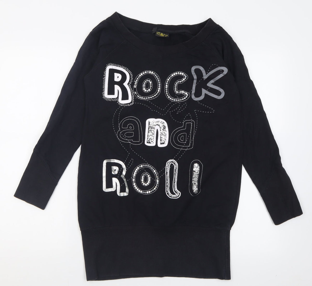 Additional front view of silver dagger women’s black cotton tunic sweatshirt, size UK 8, pullover
