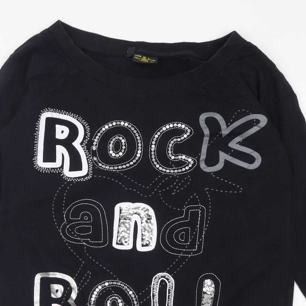 Close-up detail of silver dagger women’s black cotton tunic sweatshirt, size UK 8, pullover