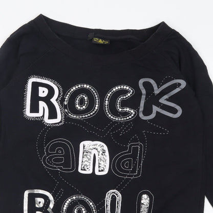 Close-up detail of silver dagger women’s black cotton tunic sweatshirt, size UK 8, pullover