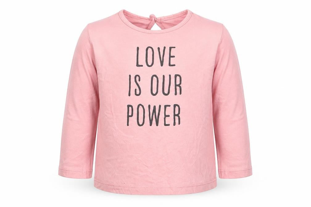 Front view of H&M girls’ pink 100% cotton jersey t-shirt, size 6-9, months round neck button - love is our power