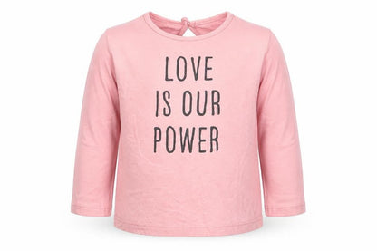 Front view of H&M girls’ pink 100% cotton jersey t-shirt, size 6-9, months round neck button - love is our power