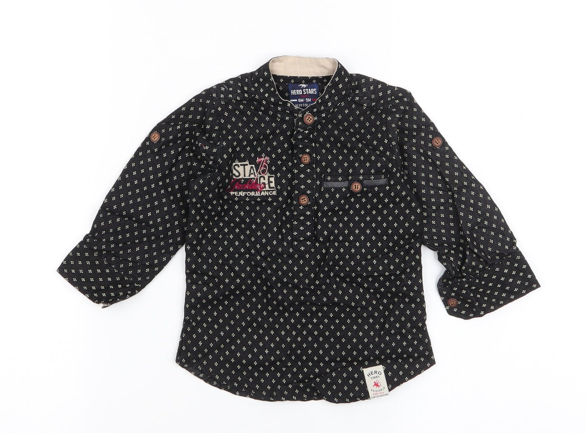 Additional front view of Hero Stars boys’ black geometric cotton basic button-up, size 6-9, months high neck button