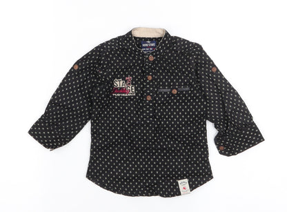 Additional front view of Hero Stars boys’ black geometric cotton basic button-up, size 6-9, months high neck button