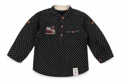 Front view of Hero Stars boys’ black geometric cotton basic button-up, size 6-9, months high neck button
