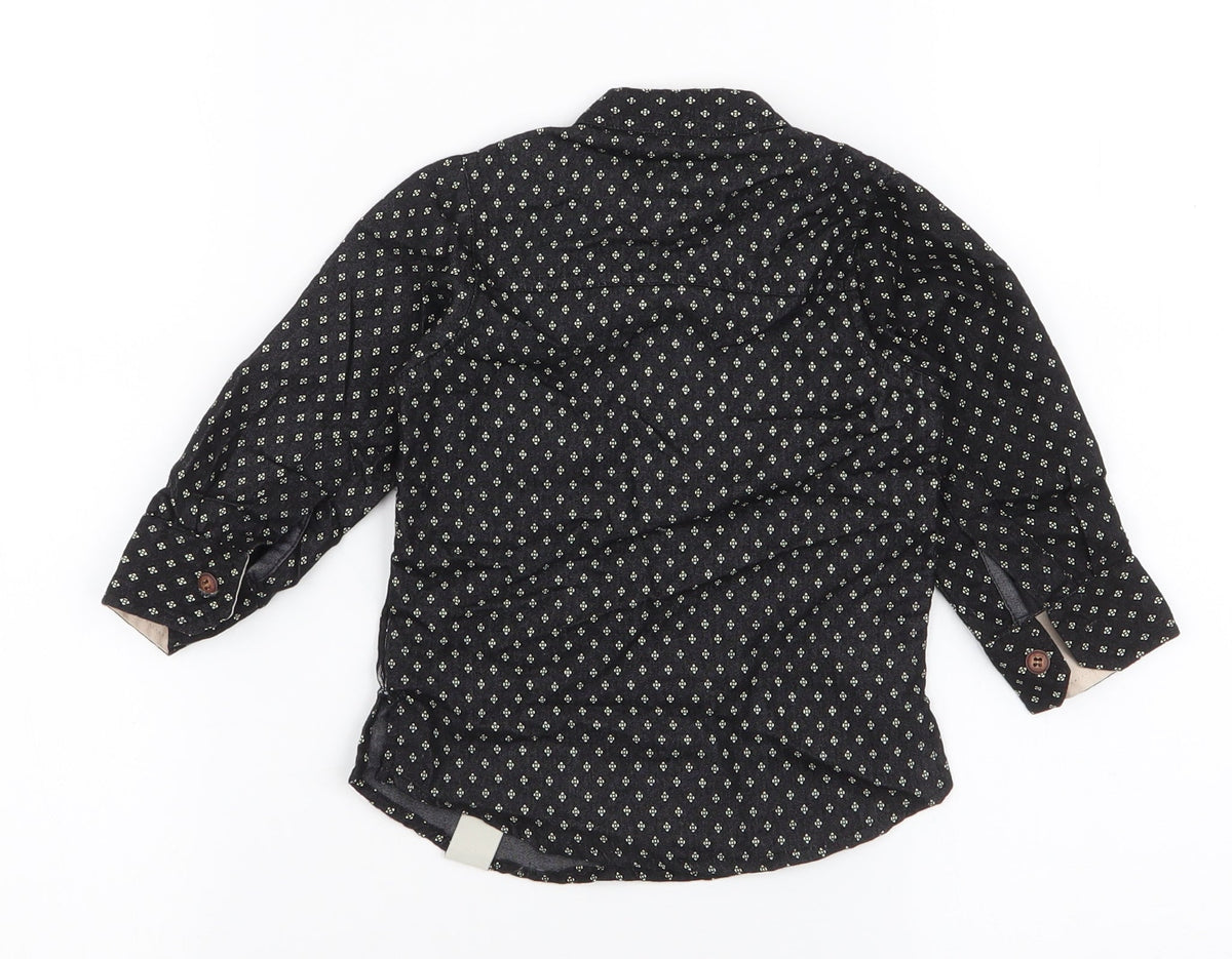 Back view of Hero Stars boys’ black geometric cotton basic button-up, size 6-9, months high neck button