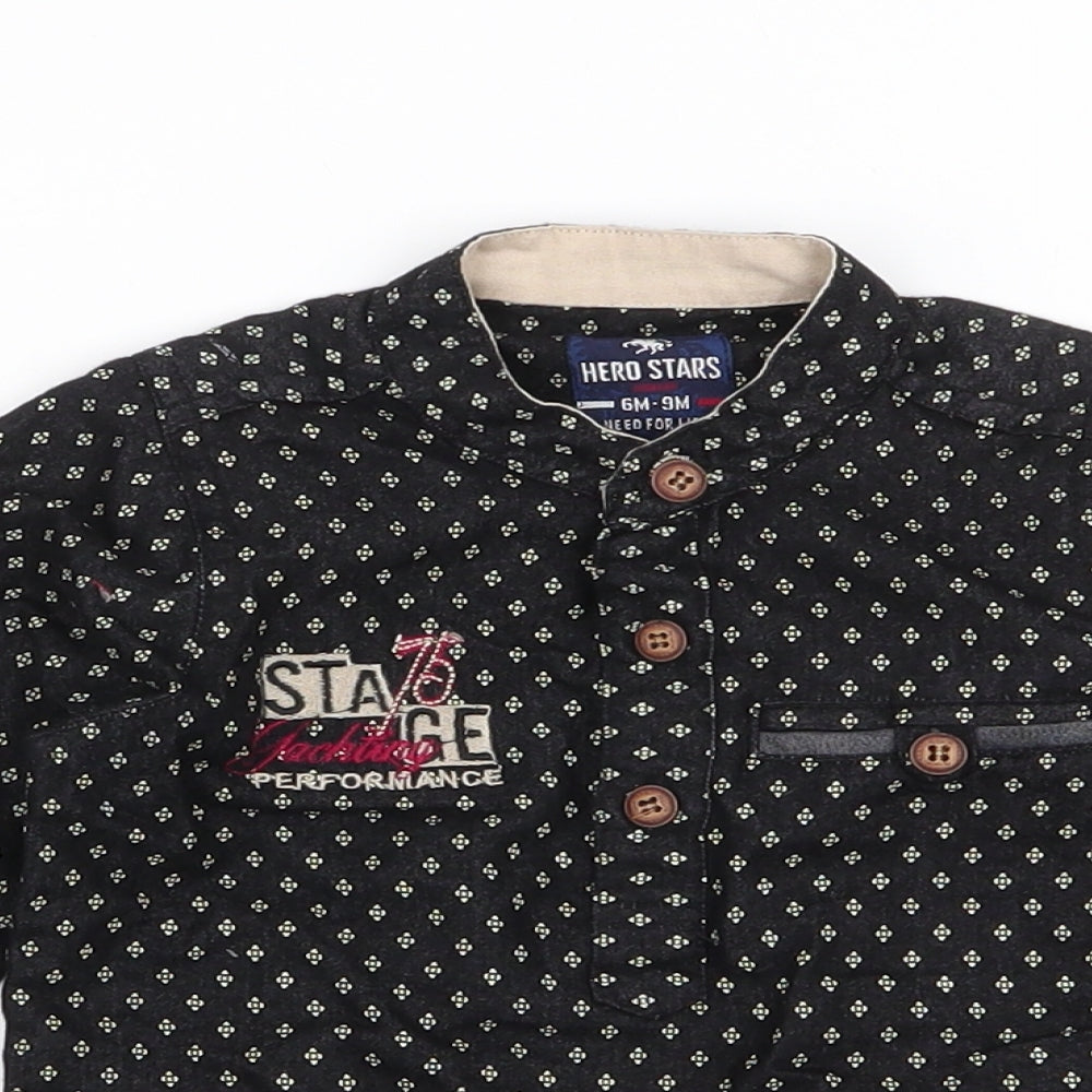 Close-up detail of Hero Stars boys’ black geometric cotton basic button-up, size 6-9, months high neck button