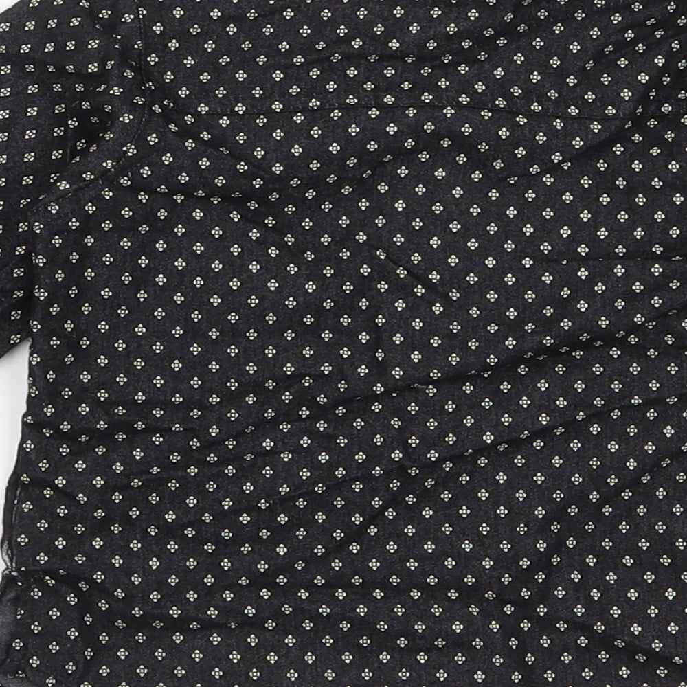 Brand and care label for Hero Stars boys’ black geometric cotton basic button-up, size 6-9, months high neck button