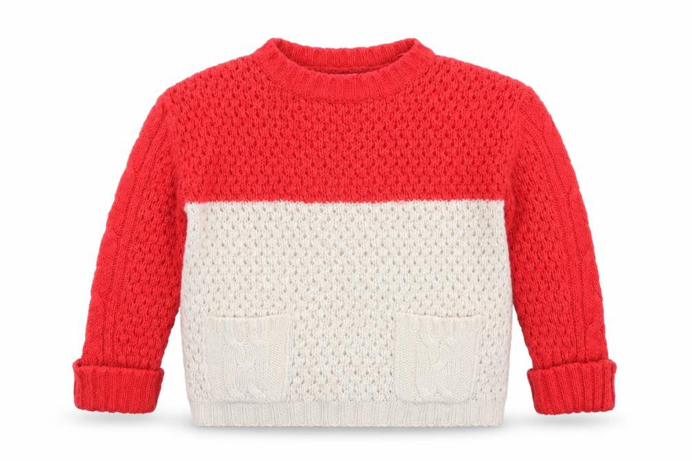 Front view of Young Dimension girls’ beige round neck colourblock acrylic jumper, size 10-11, years